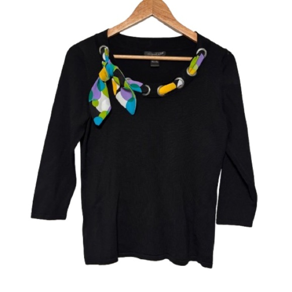 August Silk Sophisticated Silk Blend Black Top With Scarf Accent Size M